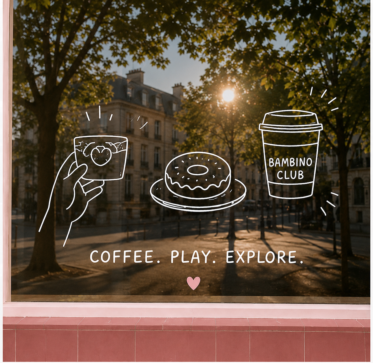 Illustration of a hand holding a glass with a bear face on it, a donut on a plate, and a coffee cup labeled 'Bambino Club,' with the words 'Coffee. Play. Explore.' and a small pink heart below.