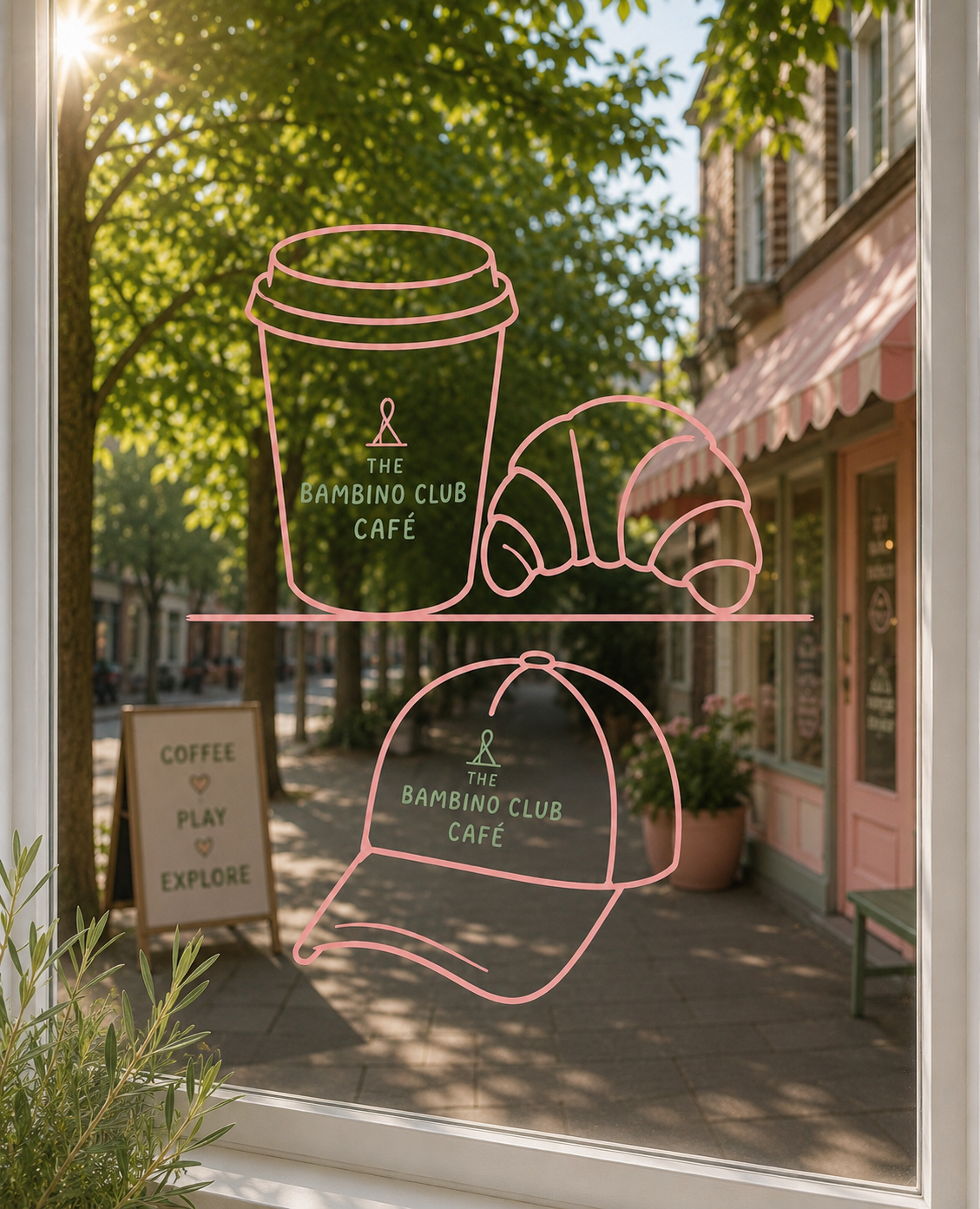 Neon sign on a window showing a coffee cup, croissant, and baseball cap, all labeled 'The Bambino Club Café,' with a street and storefront visible outside.