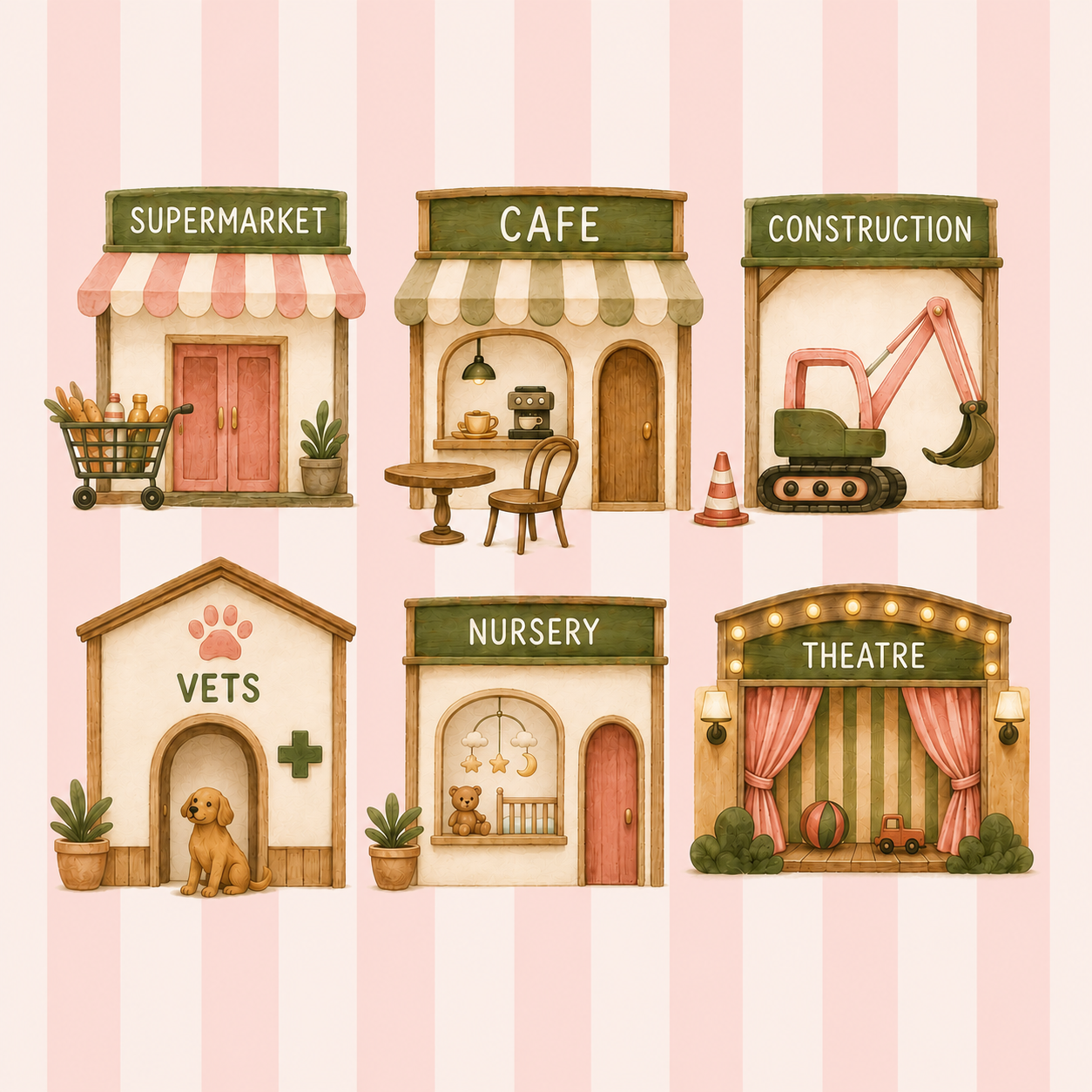 Set of miniature buildings representing various places: supermarket with shopping cart, cafe with coffee station, construction with excavator, vet clinic with dog, nursery with crib, and theatre with stage and curtains.