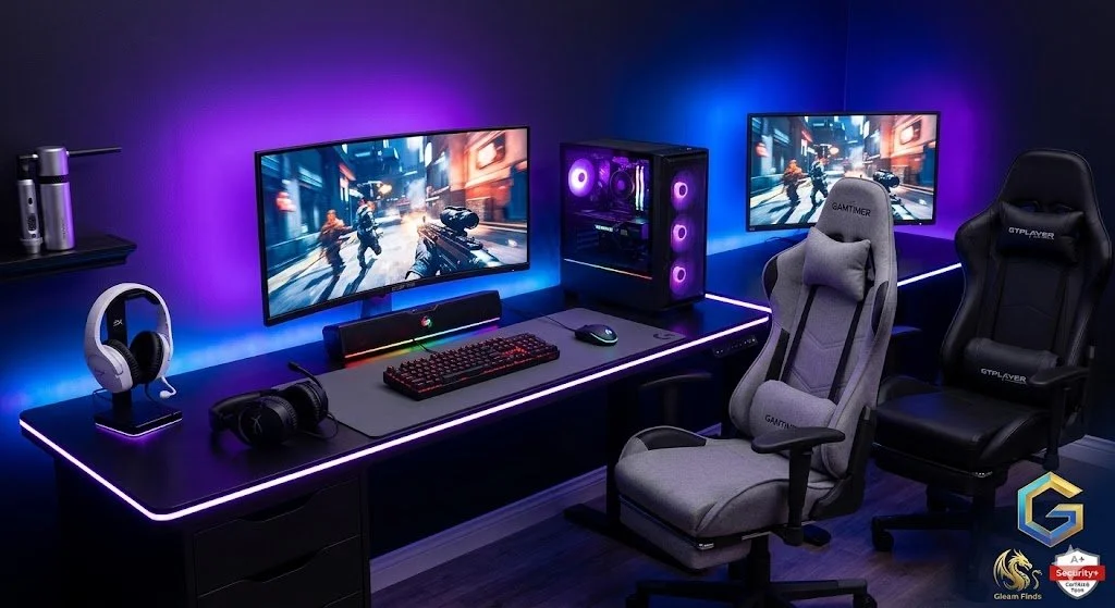 Gaming Room with RGB lighting with  reddragon mouse and keyboard sitting on desk. Gaming PC, Monitor, and Headphones sitting on desk.
