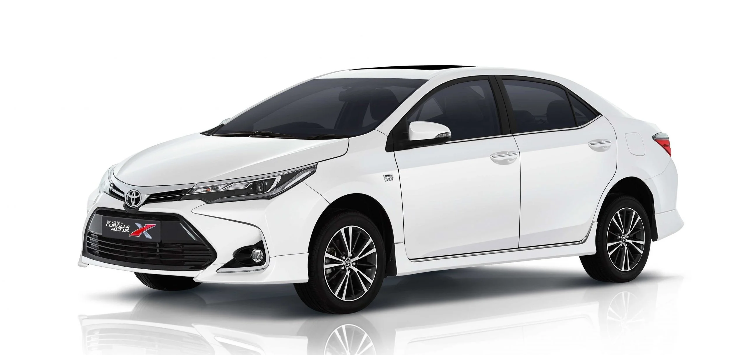 White Toyota Corolla Altis X sedan car, front and side view.