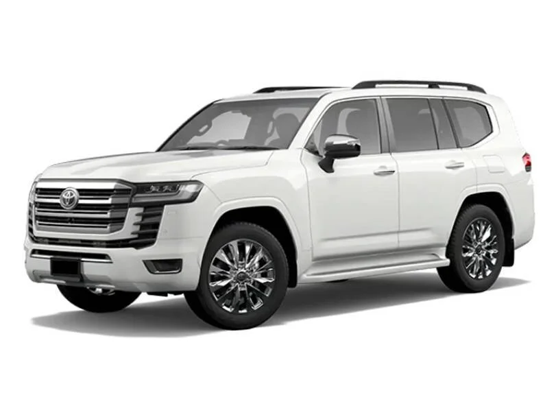 White Toyota SUV with dark tinted windows and chrome wheels, parked on a plain white background.