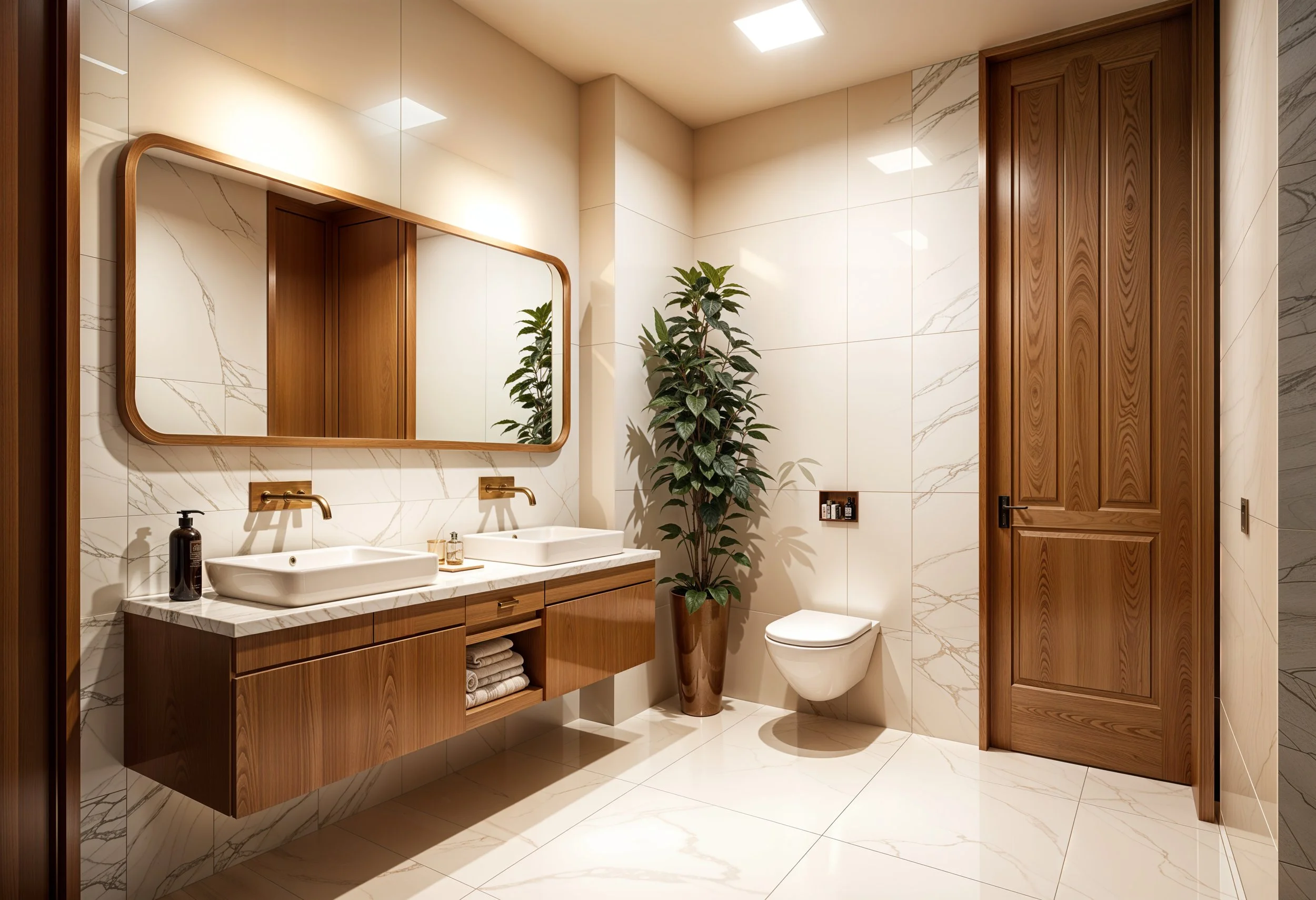 Salle de bain moderne avec double lavabo, grande miroir en bois, murs en carreaux de marbre blanc, plante verte dans un vase en métal, porte en bois, murs et sol en carreaux de marbre blanc.
