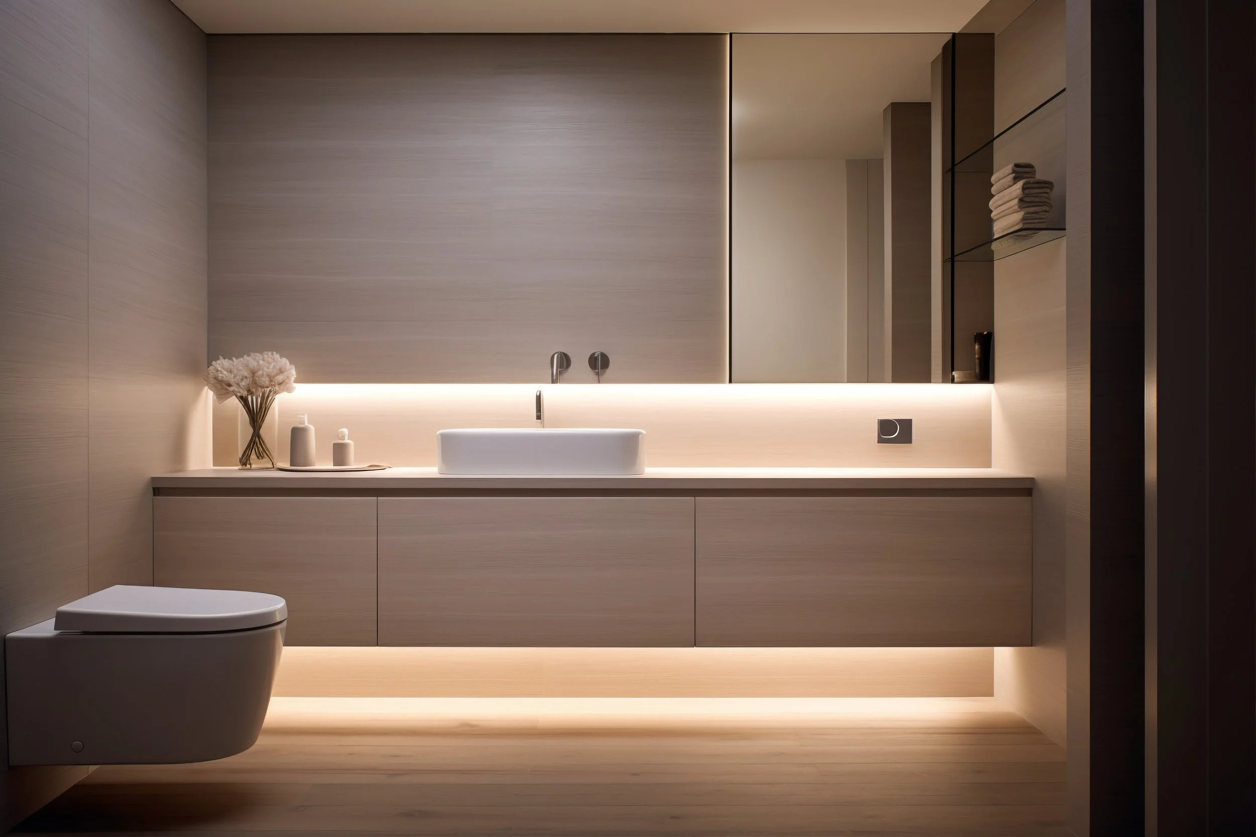 Salle de bain moderne avec un miroir, un lavabo, des serviettes pliées sur une étagère en verre, et une décoration minimaliste avec des vases et des fleurs.