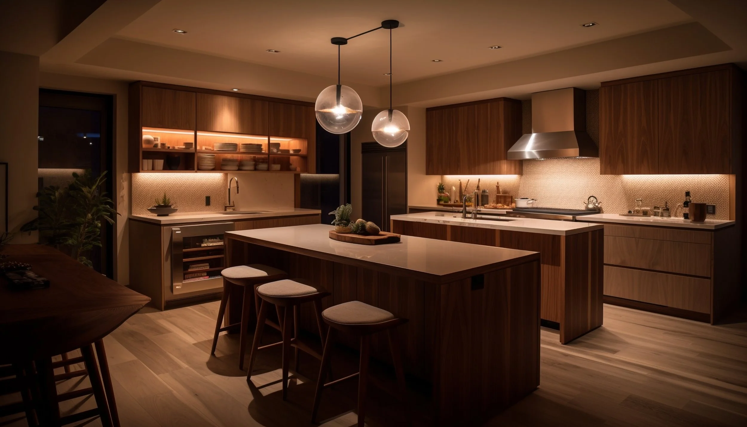 Cuisine moderne avec bois chaud, îlot central, éclairage tamisé, étagères avec vaisselle, plantes décoratives, zones de travail et de repas.