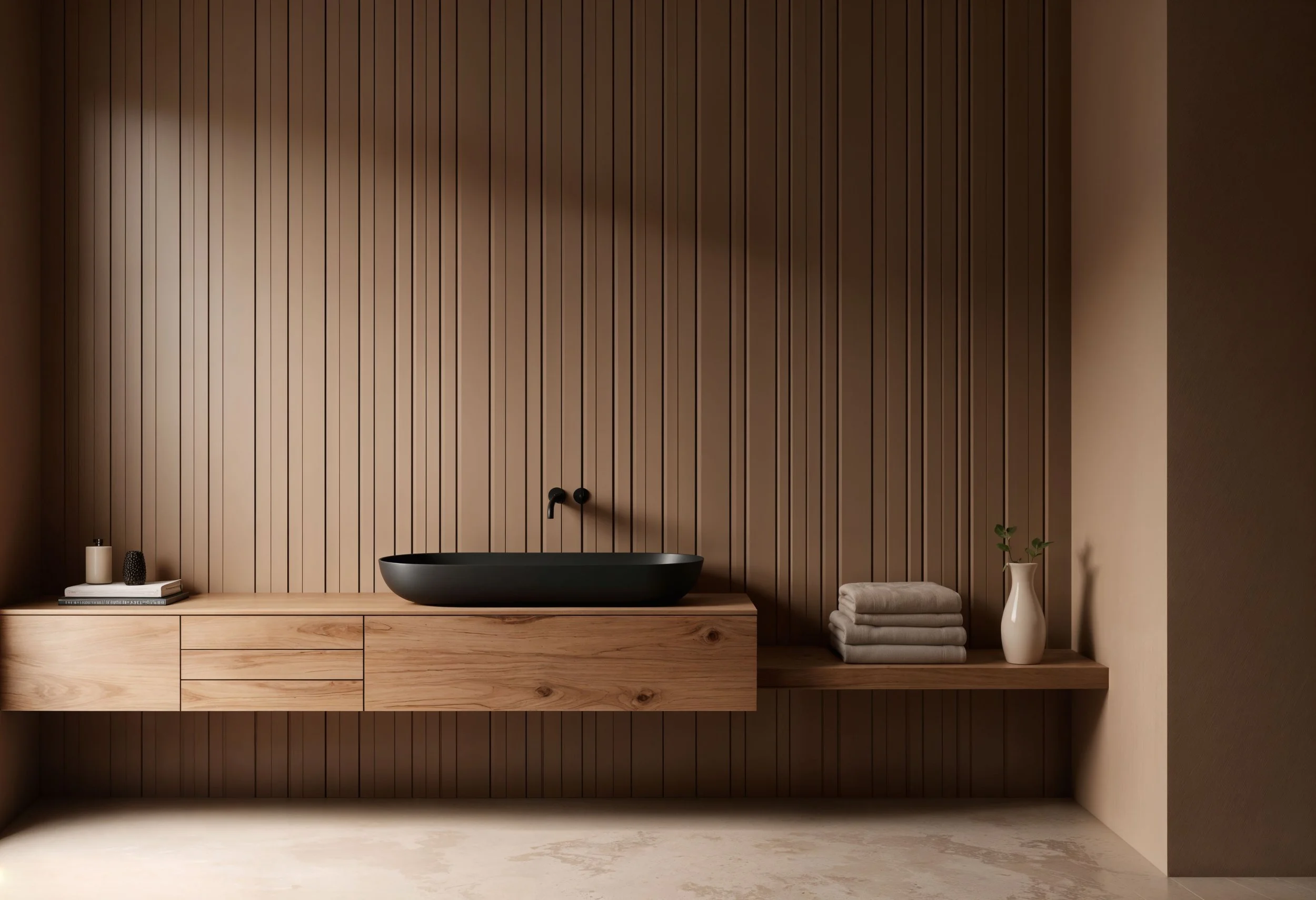 Un mur en bois avec un lavabo noir sur une étagère en bois, à côté d'une bouteille blanche, d'une petite sculpture noire, de livres, d'une pile de serviettes blanches, et d'une grande vase blanche avec des feuilles vertes.