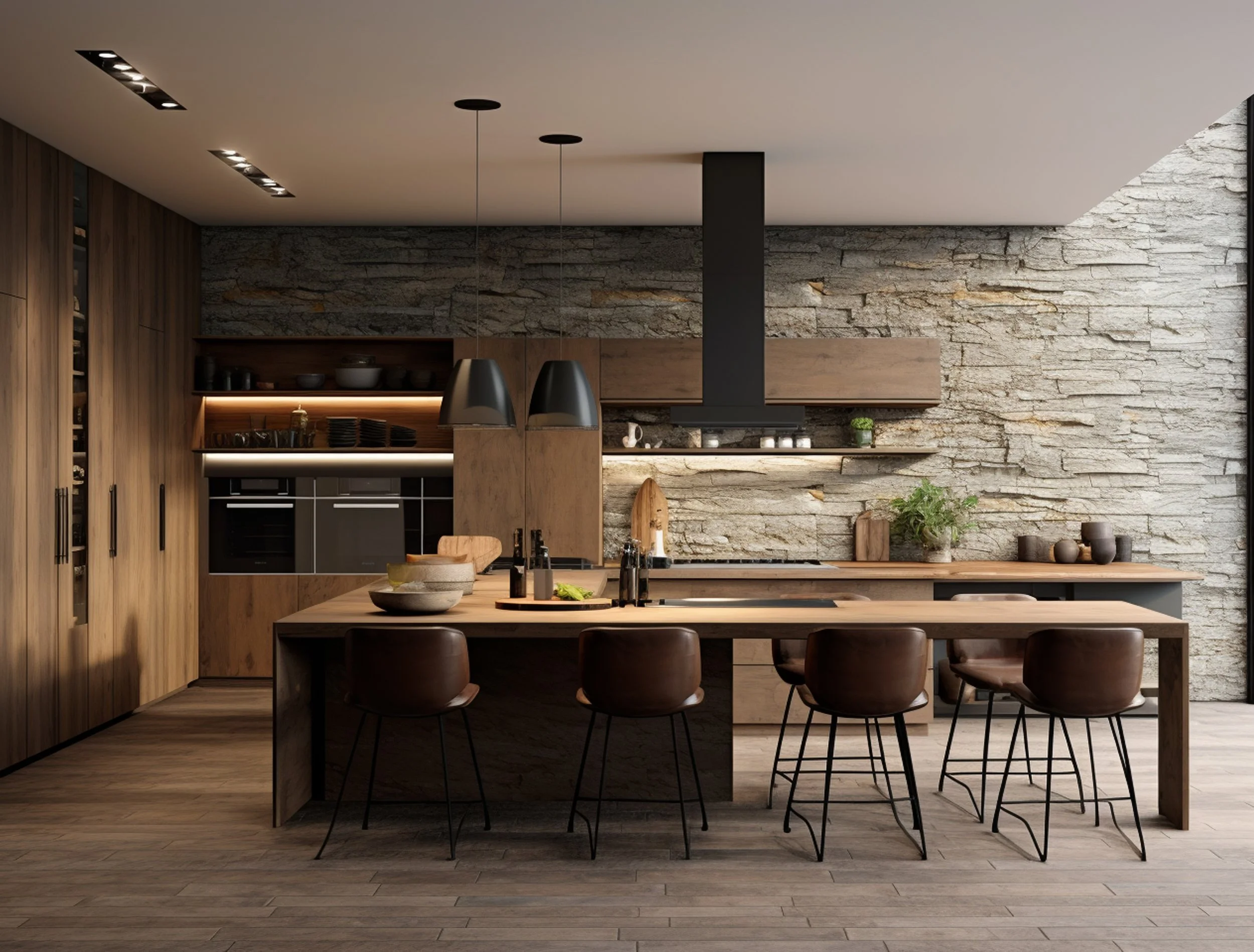 Cuisine moderne avec un mur en pierre, un plafond blanc, un îlot en bois sombre, des lampes suspendues noires au-dessus, des armoires en bois clair et un plan de travail à l'arrière avec des décorations et des ustensiles.