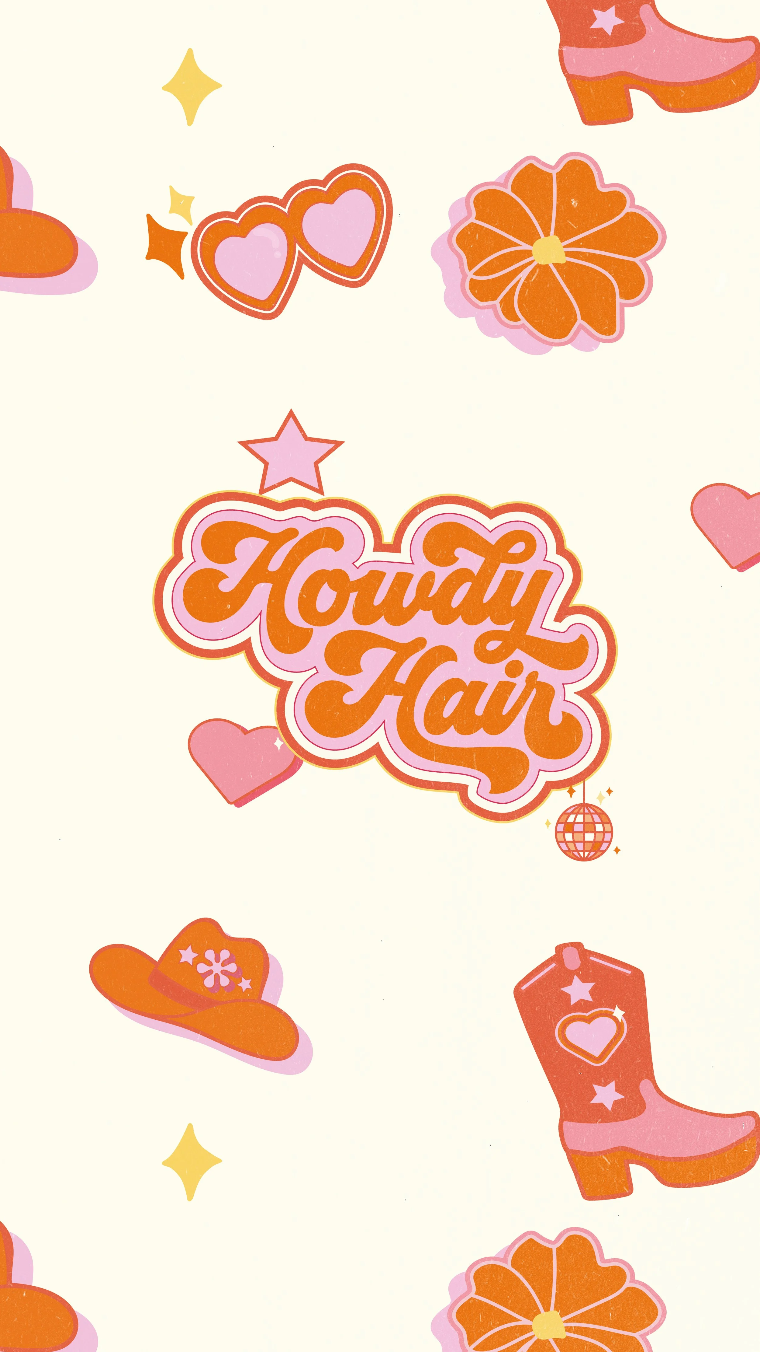Pattern with Halloween themed elements including witch hats, cowboy boots, flowers, stars, hearts, and a disco ball with the phrase 'Howdy Haim' in a stylized font.