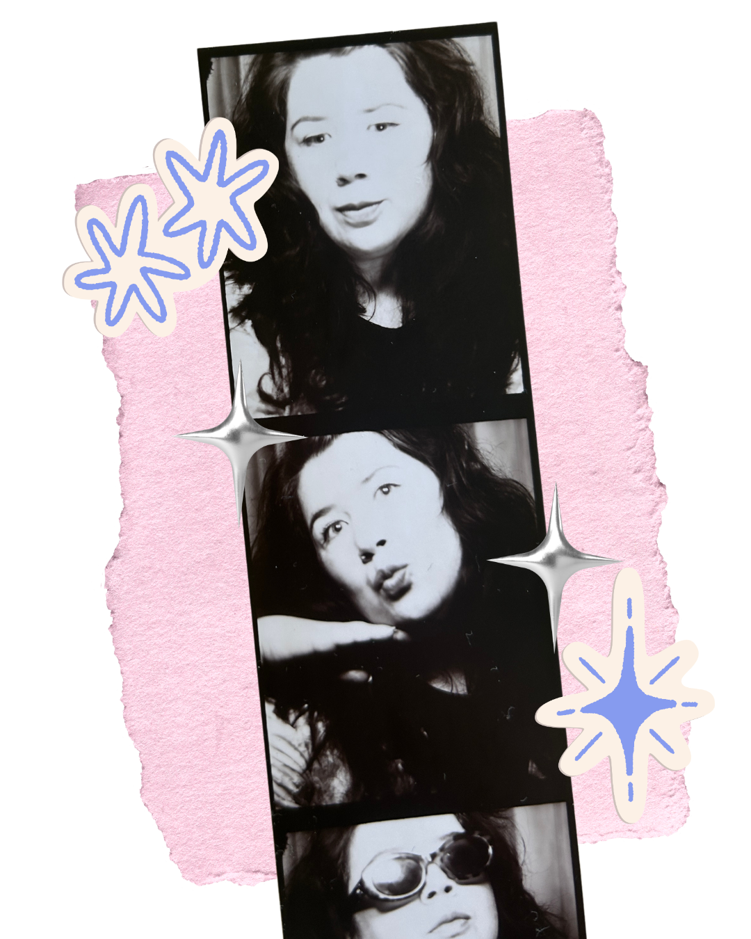 A strip of three black and white photo booth pictures of a woman with dark, wavy hair, decorated with pastel-colored star and sparkle stickers, on a pink textured background.