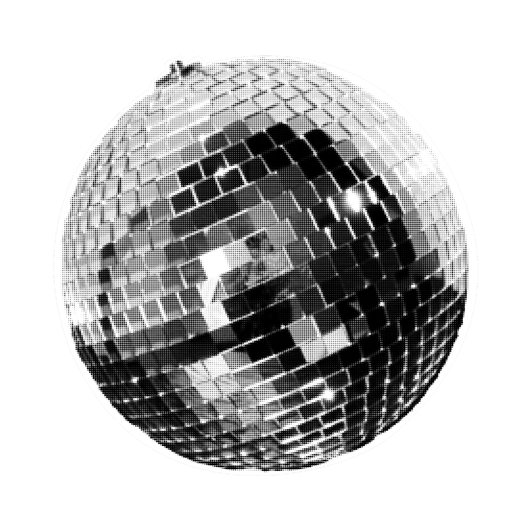 A black and white digital rendering of a sphere with a grid pattern on its surface, creating a 3D effect.