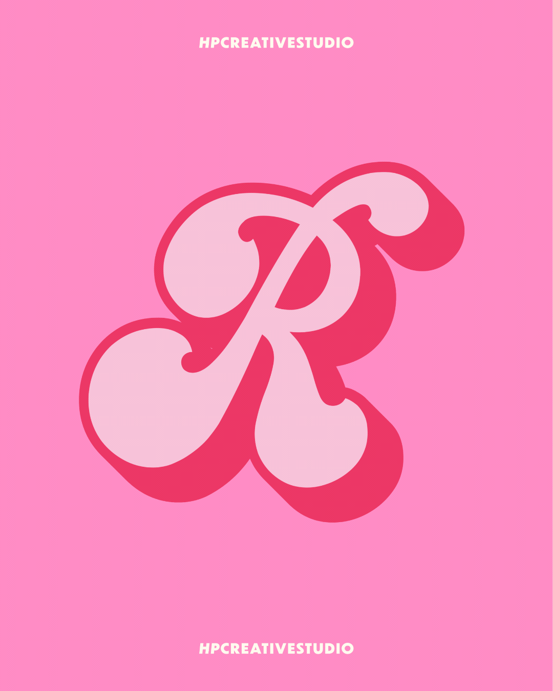 Pink background with a stylized red and light pink letter 'R' logo and white text 'HPCREATIVESTUDIO' at the top and bottom.