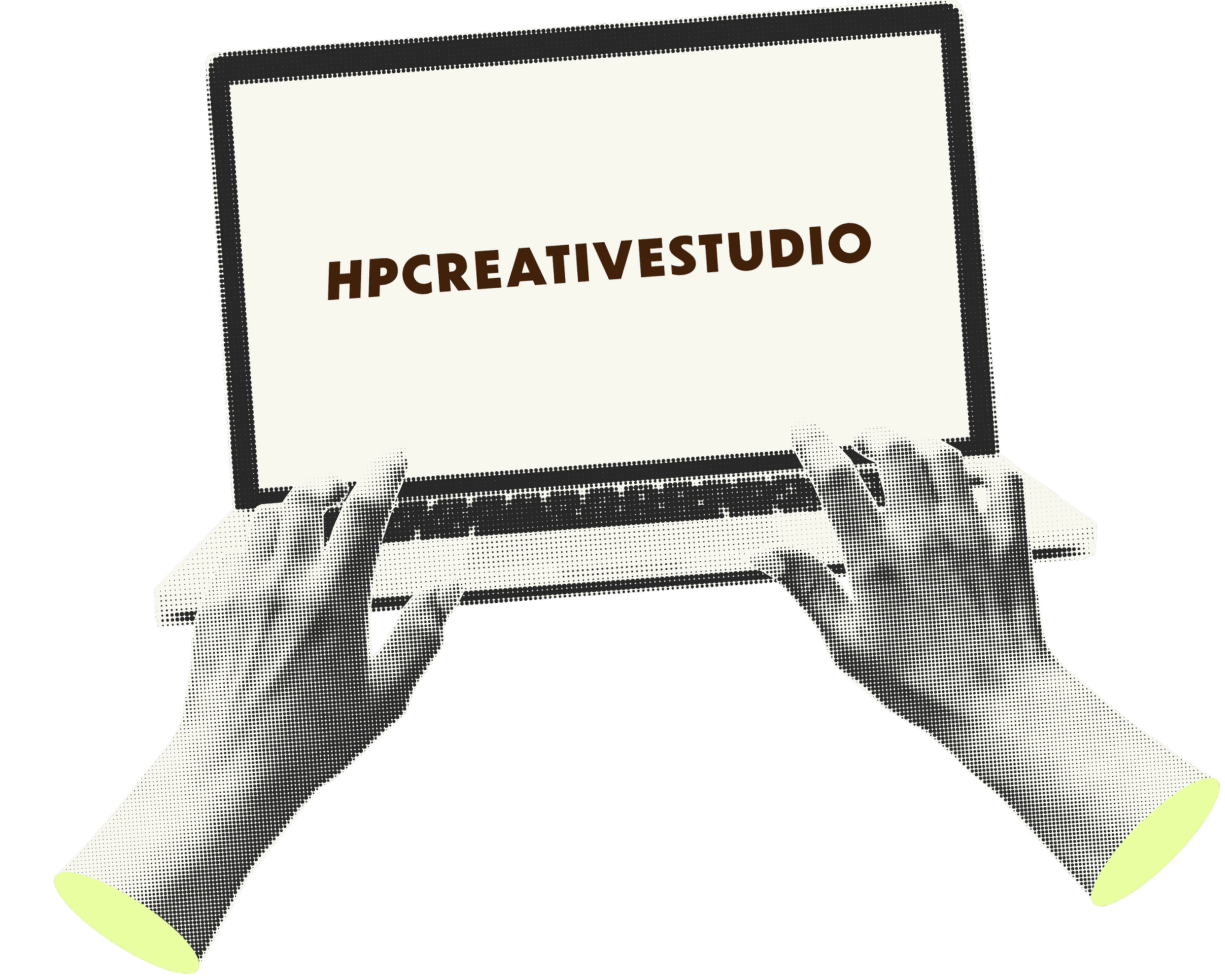 A person holding a tablet displaying the text 'HPCREATIVESTUDIO' on a screen.