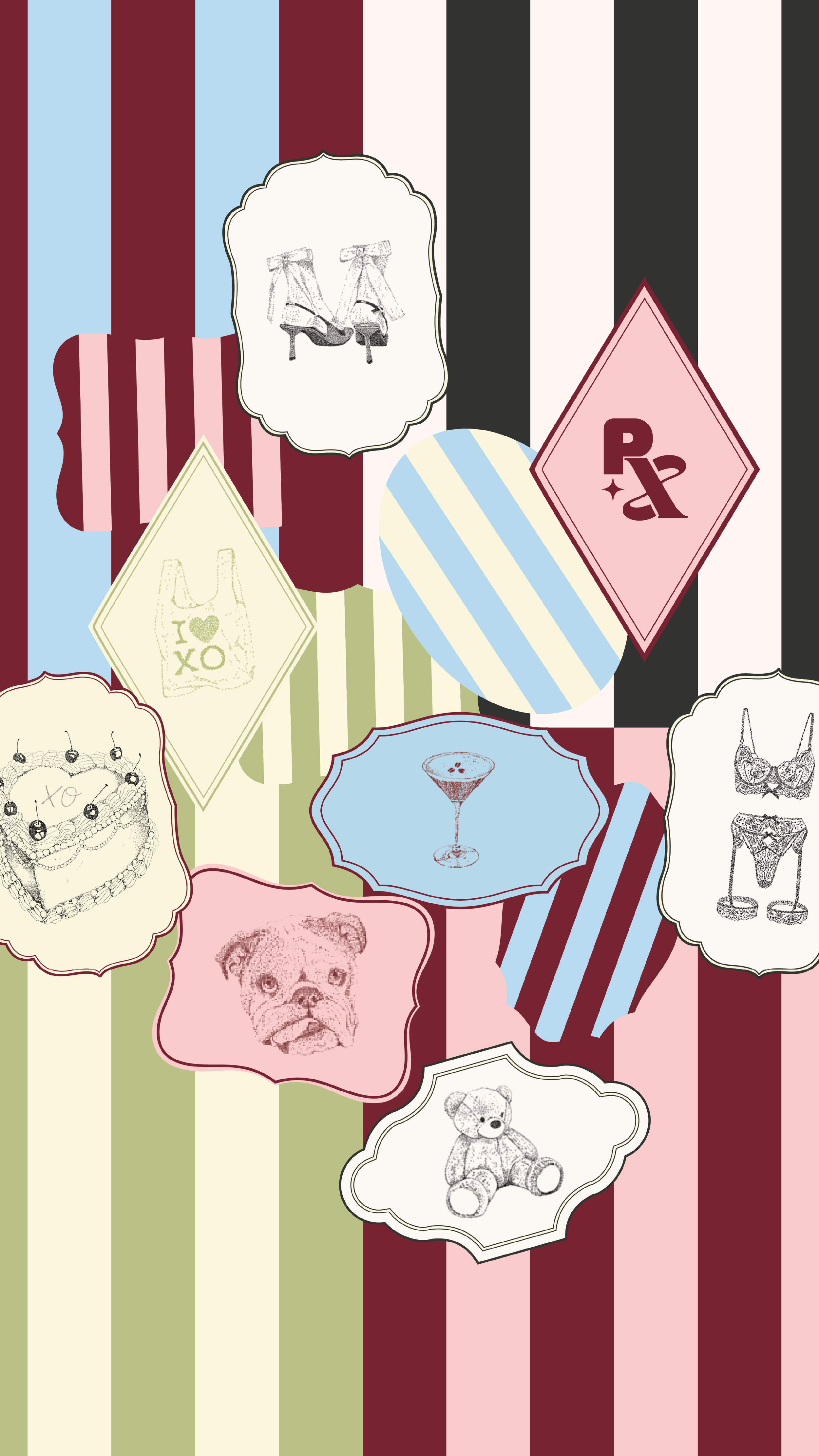 Patterned background with vertical stripes in beige, pink, blue, brown, black, and green. Overlaid with various outlined and colored illustrations and cutouts, including shoes, a cake, a dog, a teddy bear, a cocktail glass, and decorative frames.