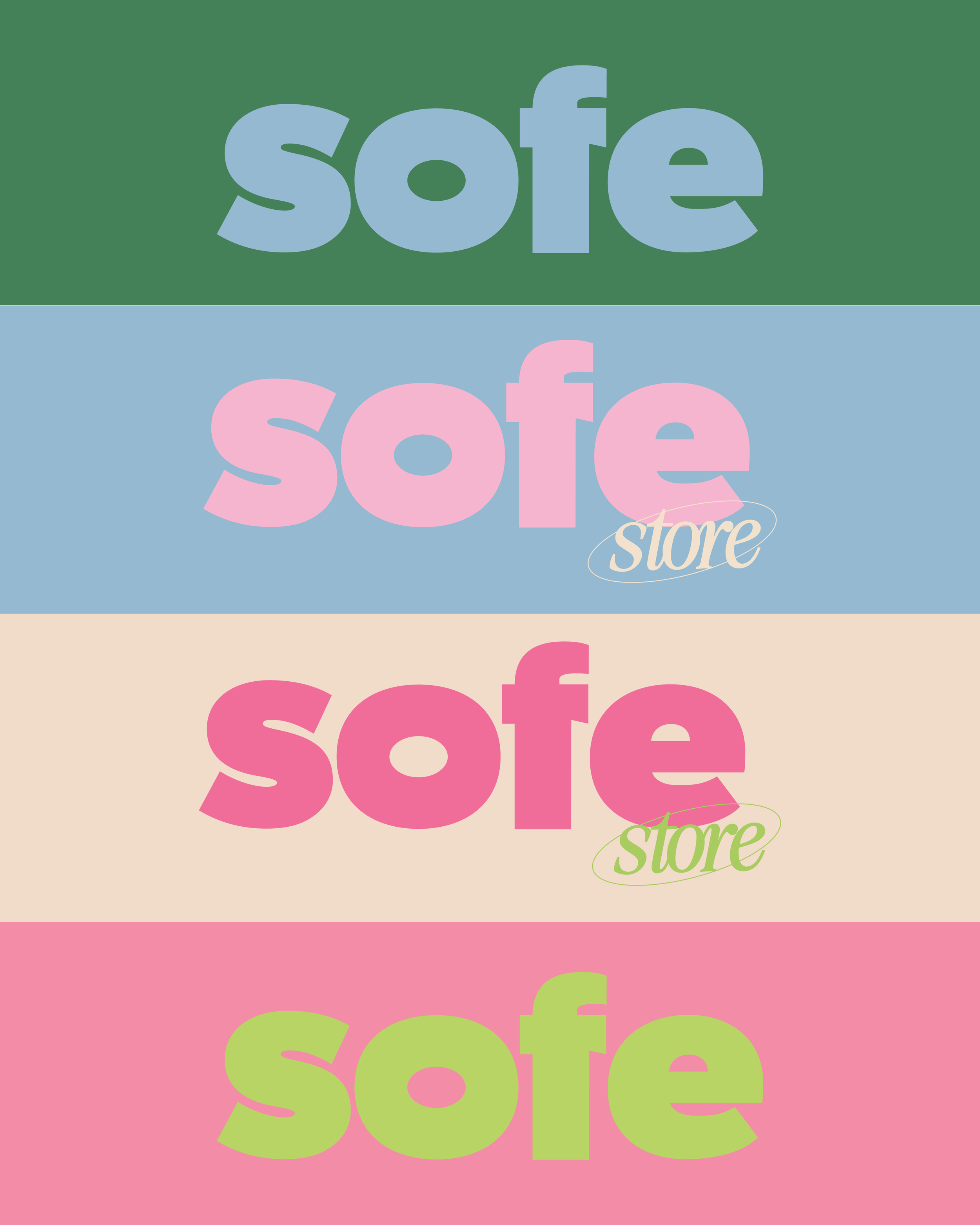 Colorful collage displaying the word "sale" in large, bold letters across four different backgrounds: green, light blue, beige, and pink. Overlapping the word "sale" on the bottom right corner, the word "store" is written in cursive and in various pastel colors matching each background.