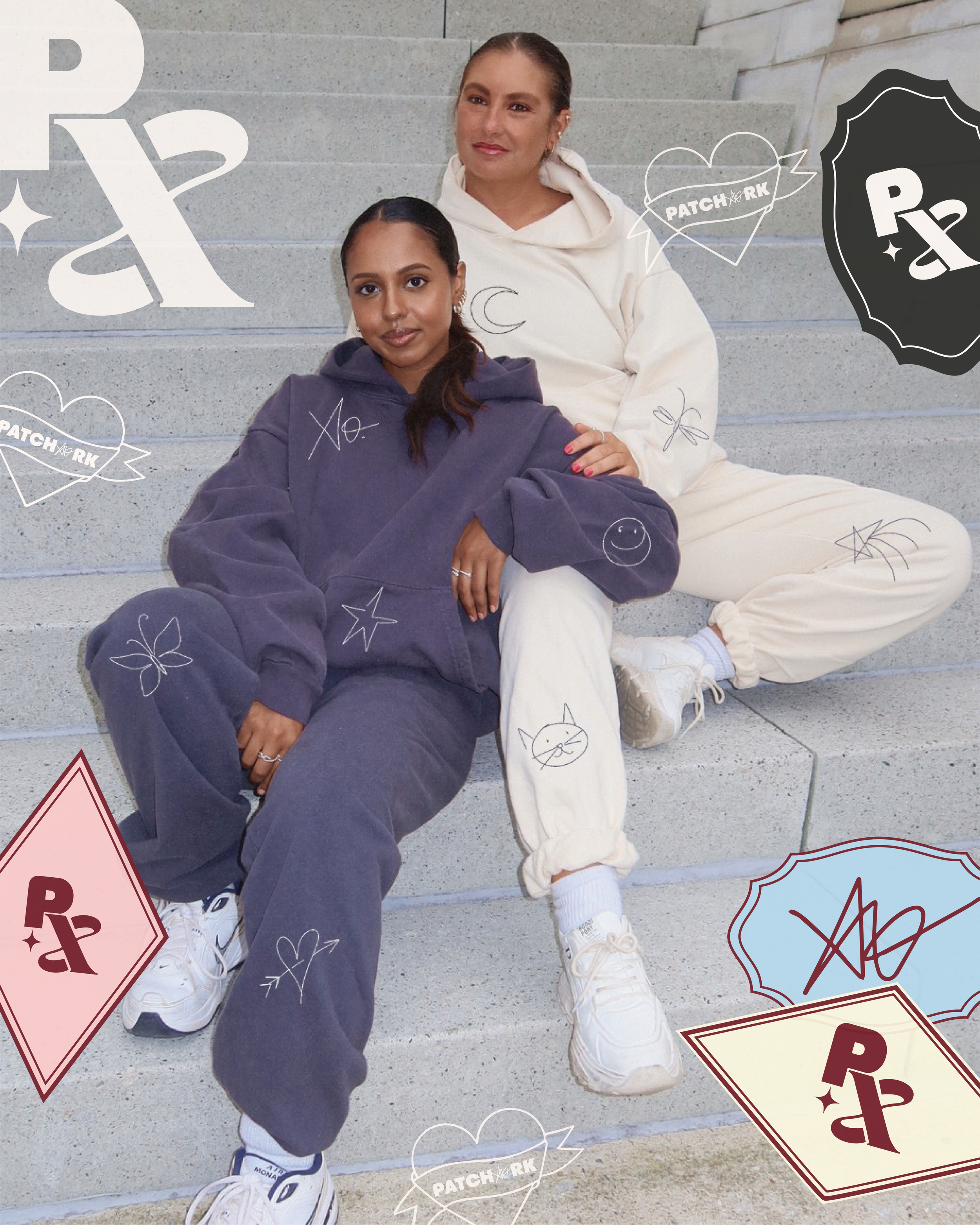 Two women sit on concrete stairs, one in a purple hoodie and the other in a white hoodie, with various doodle-like graphics and words overlayed on the image.