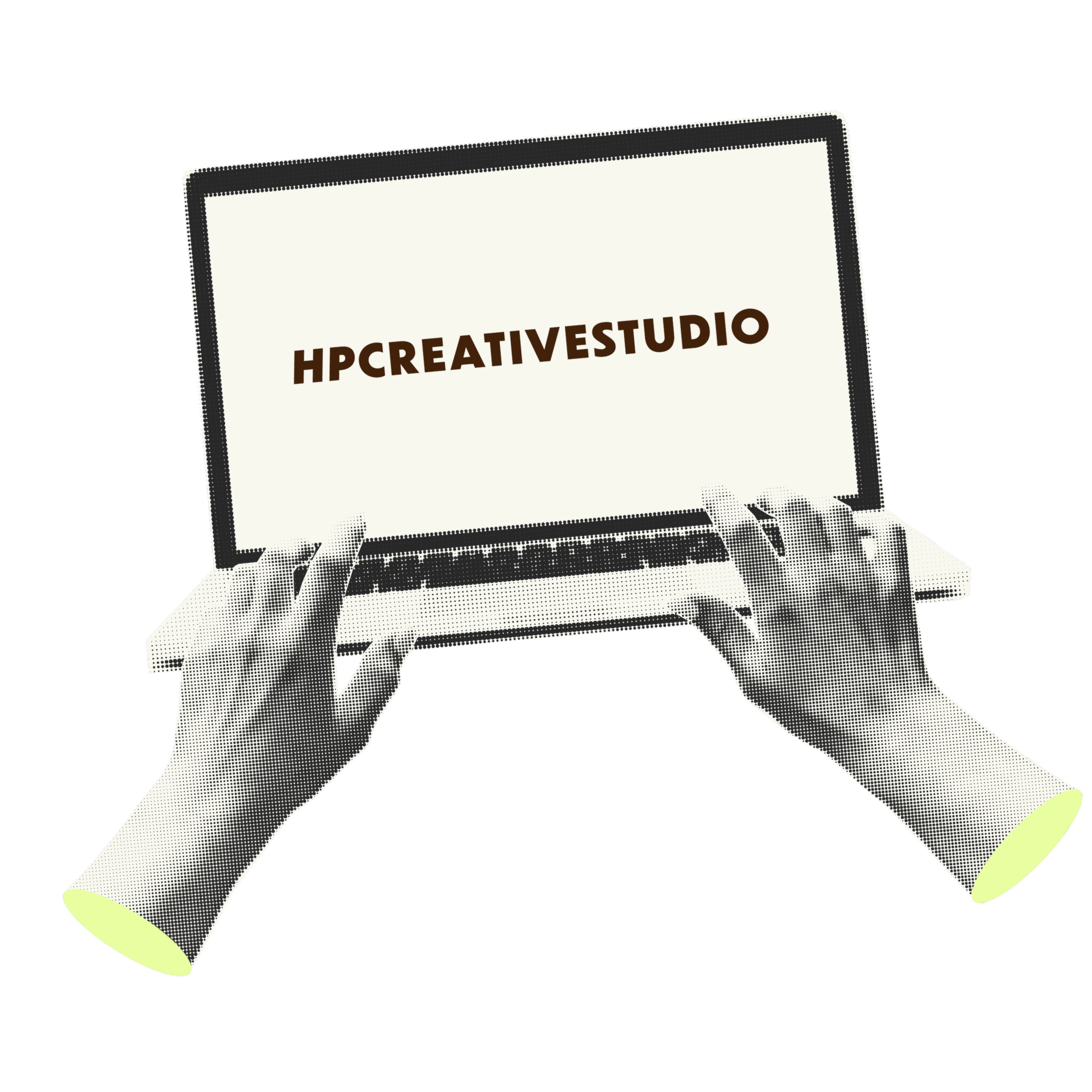A digital illustration of a hand clicking on a computer screen with the text 'HPCREATIVESTUDIO' displayed on it.
