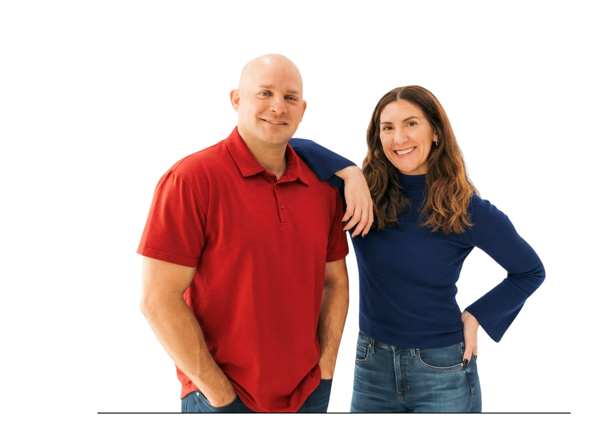 Man and woman smiling, with the man wearing a red polo shirt and the woman wearing a blue sweater and jeans, Chris and Nicole, veteran and woman owned local St. Louis roofing business