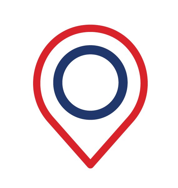 Map pin icon with a red outline and a blue circle inside for National Roofing St. Louis.