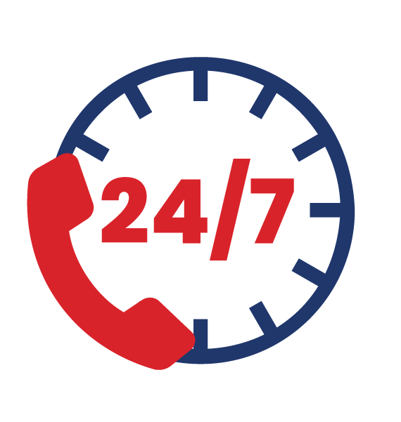 A clock face with a red phone and text reading 24/7 in the center, indicating 24-hour availability emergency services for roof tarp, window board up and structure damage.