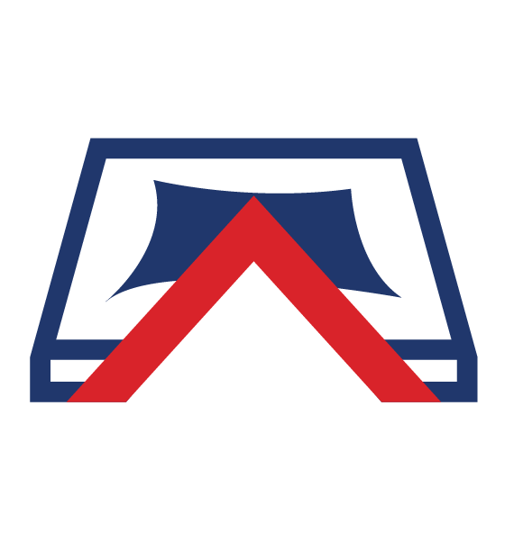 Icon with a stylized house roof in red, blue tarp, and white colors for roof tarping services after storm damage in St Louis Missouri by the Board Up Company.