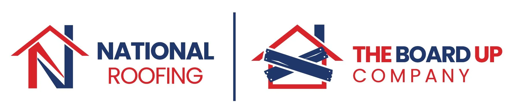 Logo for National Roofing and The Board Up Company, featuring a red and blue house outline and roofing symbols.