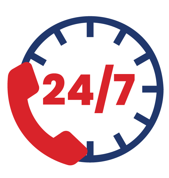 A clock face with a red phone and text reading 24/7 in the center, indicating 24-hour availability emergency services for roof tarp, window board up and structure damage.