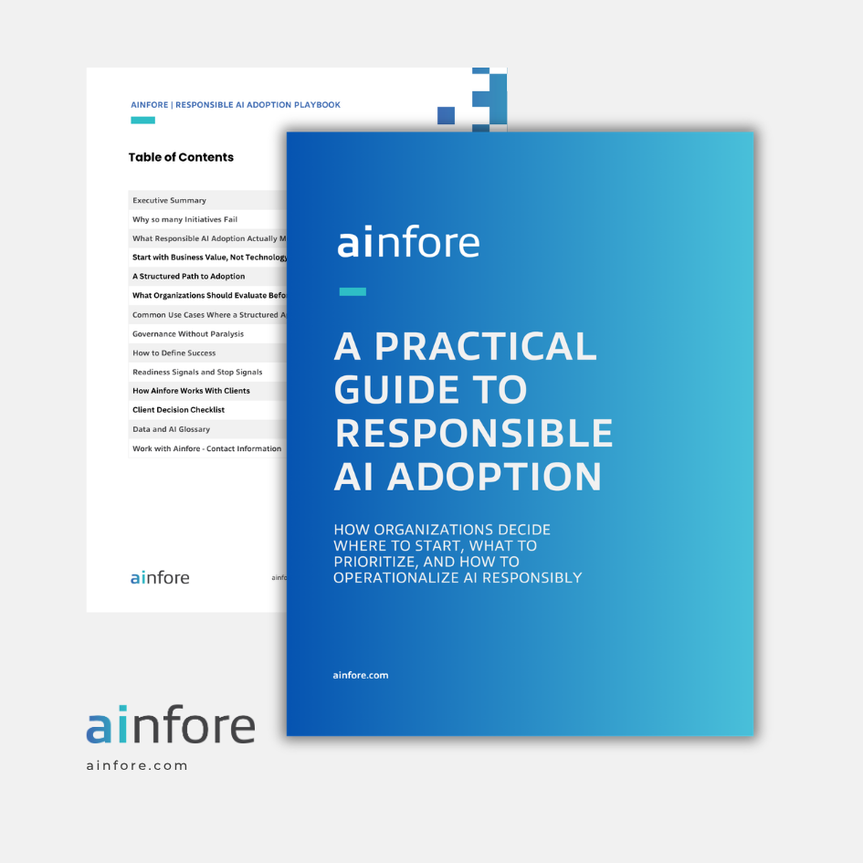 Cover page of a guide titled 'A Practical Guide to Responsible AI Adoption' by AINfore with a blue gradient background.