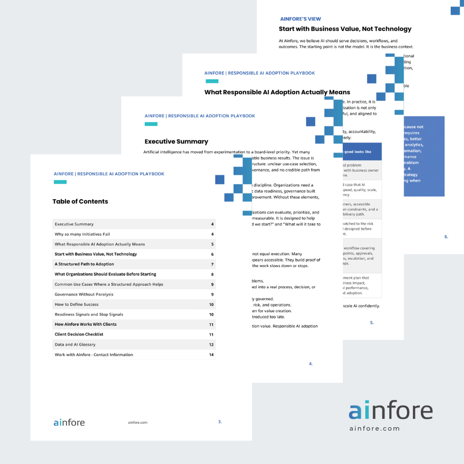 Multiple pages from a report or playbook titled 'Responsible AI Adoption Playbook' by Ainfore, with a table of contents, executive summary, and sections on business value, AI evaluation, and client decision checklist.