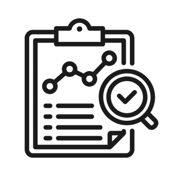 Outline of a clipboard with a line graph, magnifying glass with a checkmark, and text lines representing data analysis or research.