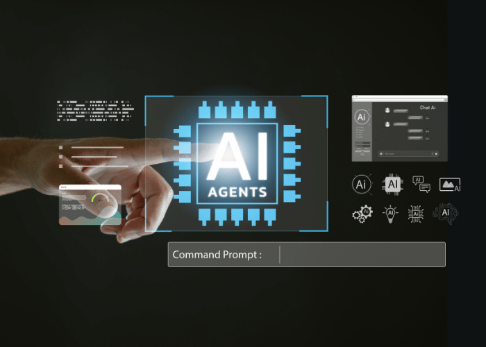 A digital interface showing a hand pointing at a glowing AI Agents icon, with various AI-related icons and a command prompt on a dark background.