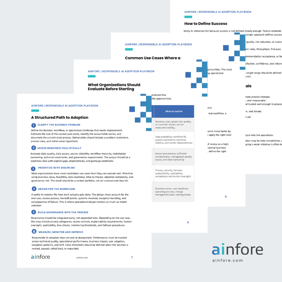 Page from the AI Responsible Adoption Playbook titled 'A Structured Path to Adoption,' listing six key steps to adoption, with sections on clarifying the business problem, assessing readiness, prioritizing, designing workflow, building governance, and measuring improvement. The page includes a sidebar with references and the company's logo at the bottom right.