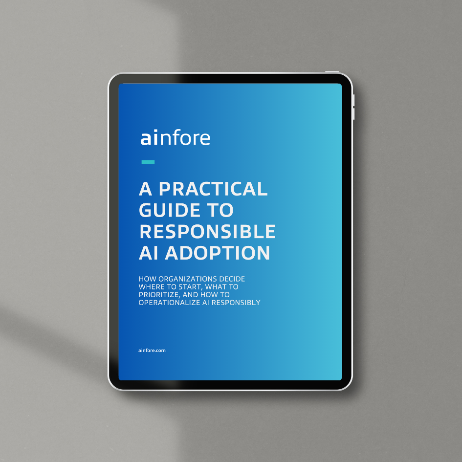 A digital tablet displaying the title of a guide titled "A Practical Guide to Responsible AI Adoption" by ainfore, with a subtitle explaining how organizations decide where to start, what to prioritize, and how to operate AI responsibly, placed on a gray surface.