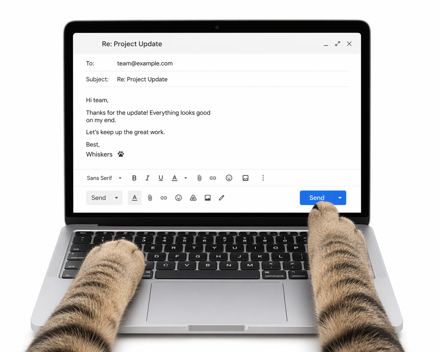 A laptop displaying an email draft titled 'Re: Project Update' with a pair of tiger paws on the keyboard, ready to send the message.