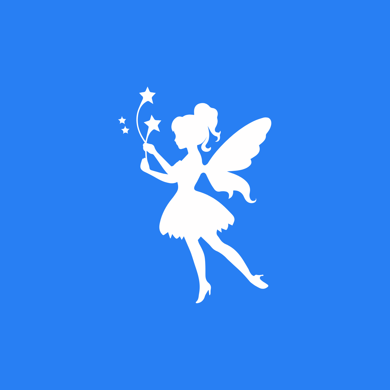 Silhouette of a fairy with butterfly wings holding a wand with stars on a blue background, serving Toronto.
