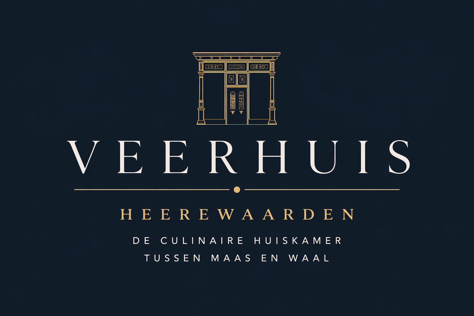 Logo van een horecagelegenheid met een elegante huisstijl, met de tekst 'VEEerhuis' en 'Heerewaarden' en een beschrijving van de inspiratie 'De Culinaire Huiskamer Tussen Maas en Waal'.