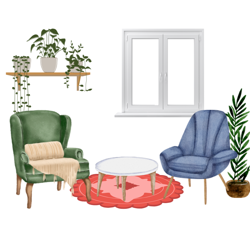 Living room with two armchairs, a small round coffee table, a window, a potted plant, and a wall shelf with potted plants.