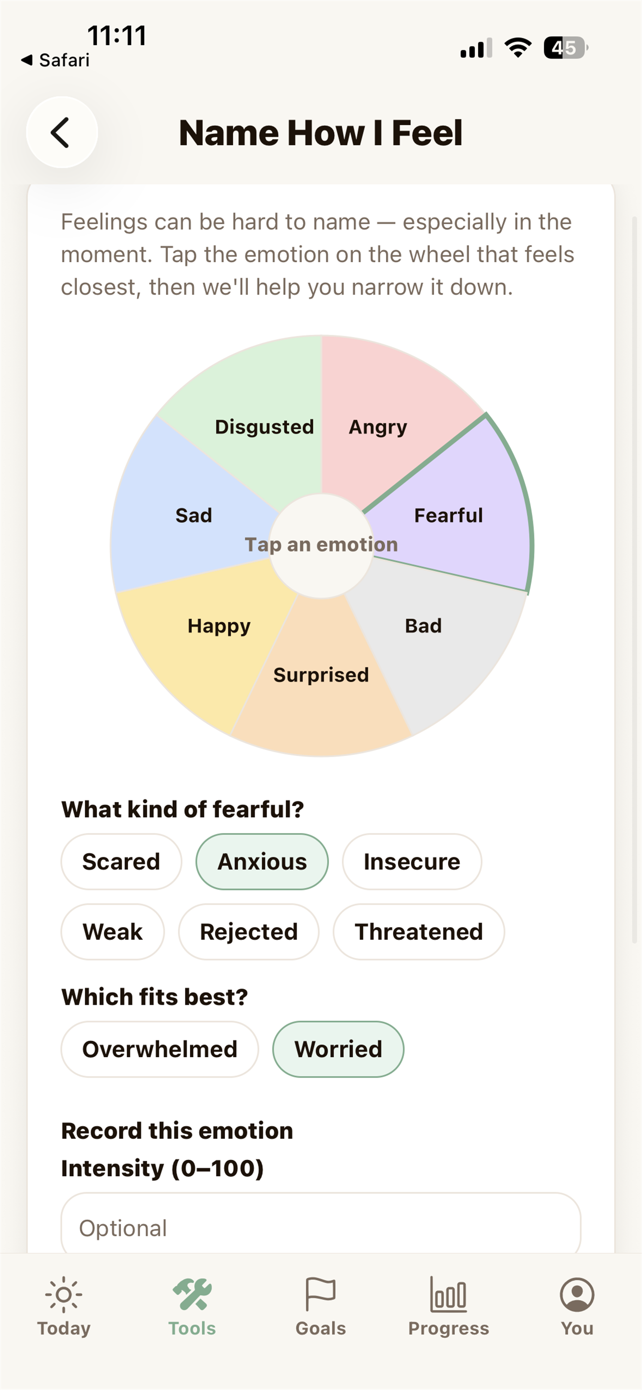 A mobile app screen showing a section titled 'Name How I Feel' with a wheel of emotions including angry, fearful, bad, surprised, happy, sad, disgusted, and anxious. Below the wheel are questions about feelings, such as 'What kind of fearful?', 'Which fits best?', and options to record the emotion's intensity.