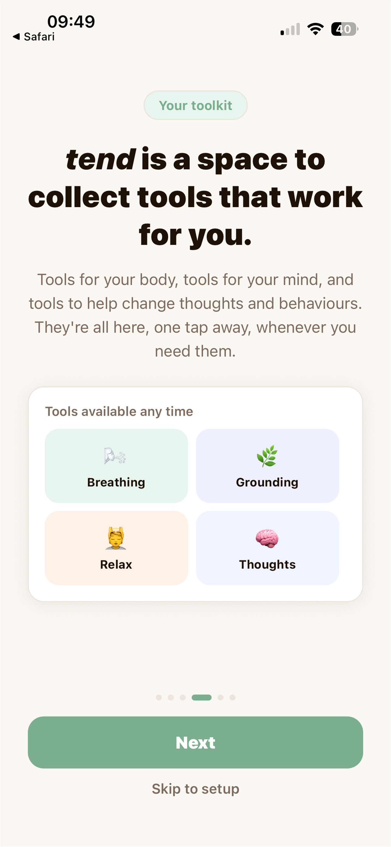 Mobile app screen displaying tools for mental well-being, including breathing, grounding, relaxing, and thoughts, with a "Next" button at the bottom.
