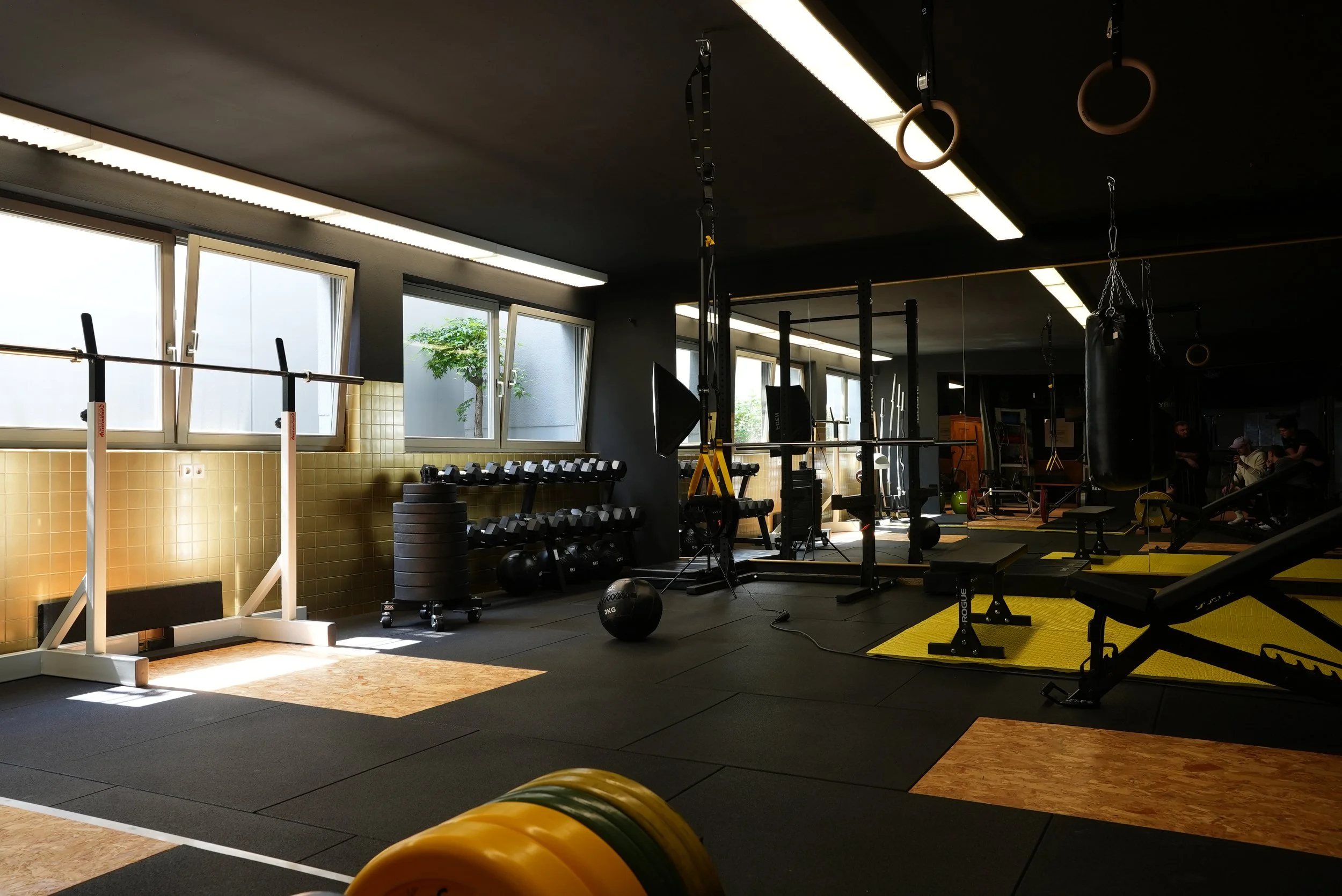 Innenansicht eines Fitnessstudios mit verschiedenen Trainingsgeräten, Hanteln, Gymnastikmatten und einem Boxsack. Mehrere Fenster lassen Tageslicht herein.