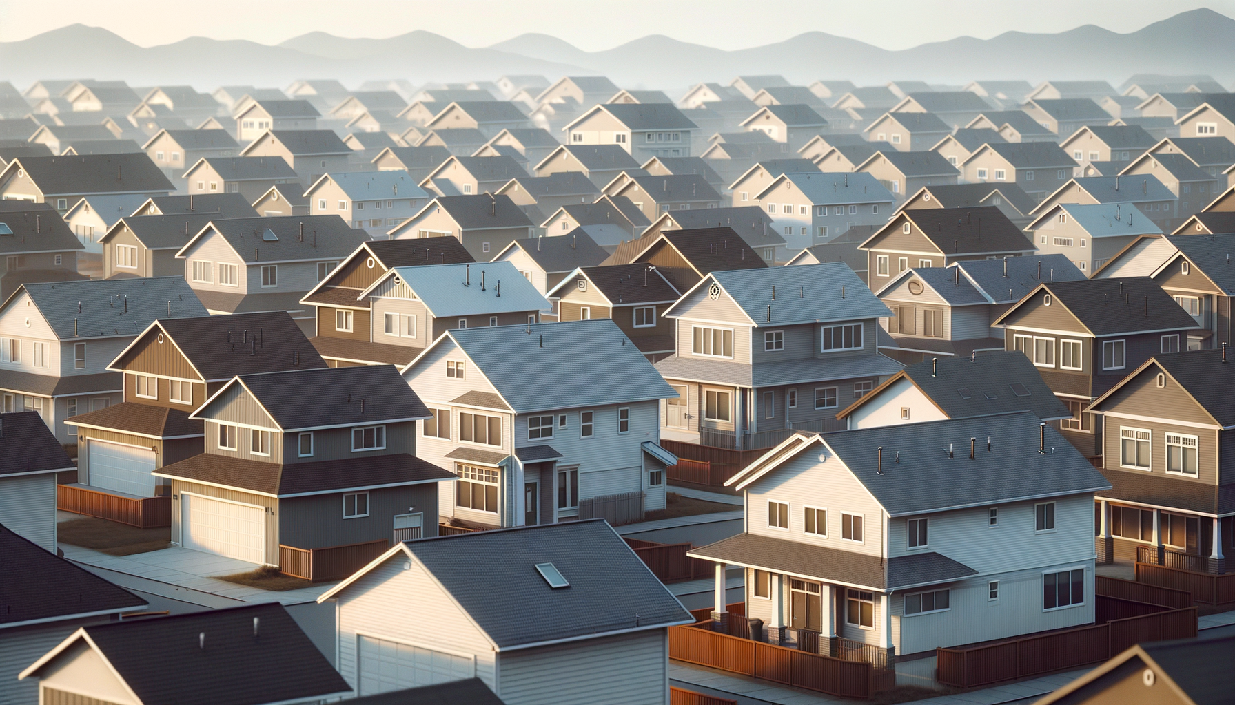 Aerial view of numerous suburban houses with pitched roofs, closely packed in a residential neighborhood with mountains in the distance.
