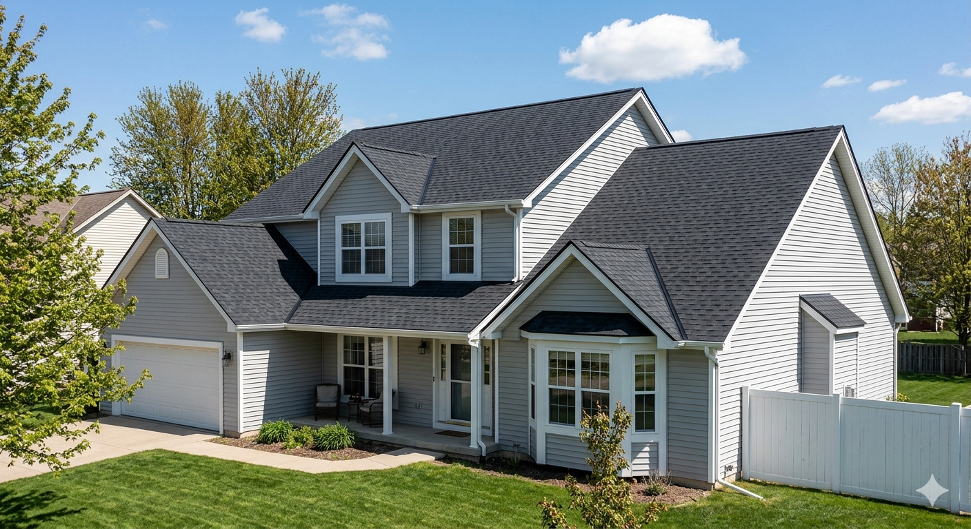 A large two-story house with a grey roof and white siding, with a front porch, attached garage, small trees and mulch beds around the house, and a well-maintained green lawn.