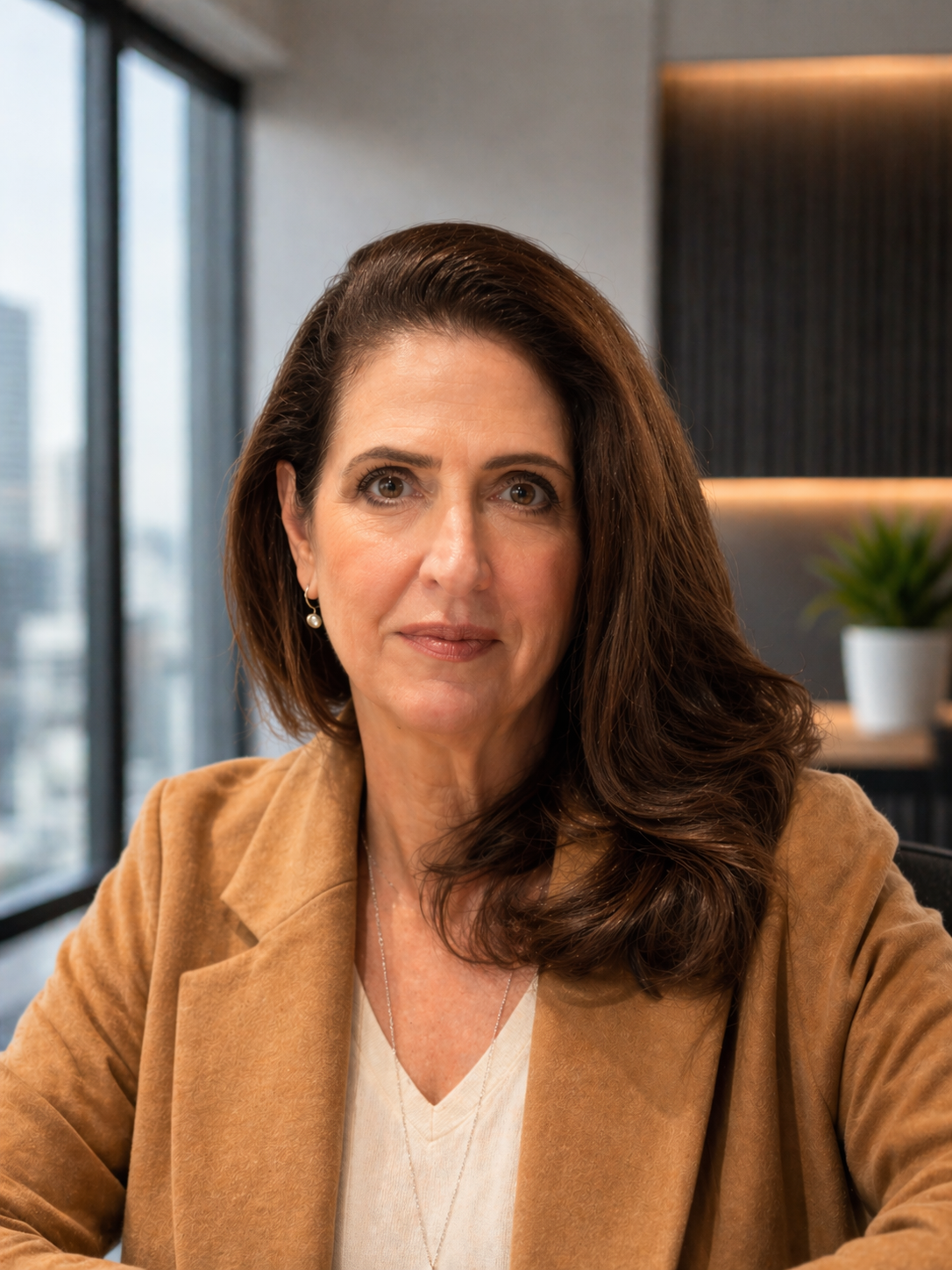 Cristene Gonzalez-Wertz, long brown hair, wearing a tan blazer and white top, sitting in a modern office with large windows and a potted plant in the background.