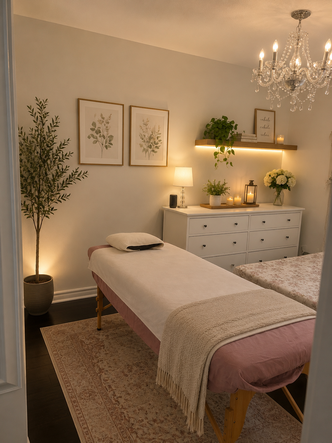 A massage room with a bed covered in a white sheet and pink blanket, a pillow, a tall potted plant in a beige pot, framed botanical prints on the wall, a white dresser with candles, plants, a lantern, and a vase with white flowers, a shelf with books and a framed quote, and a chandelier hanging from the ceiling.