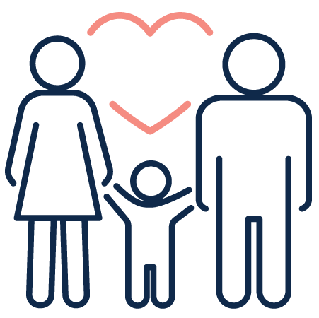Icon of  a mother and father holding hands with their child in between them. A pink heart is nestled above them.