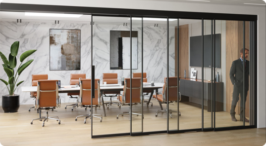 Maars Living Walls modular partition wall system in modern office lounge — WRG Build exclusive dealer for acoustic glass wall solutions Texas