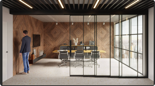 Modern conference room with wood-paneled wall, glass wall with black framing, and a large table with chairs.