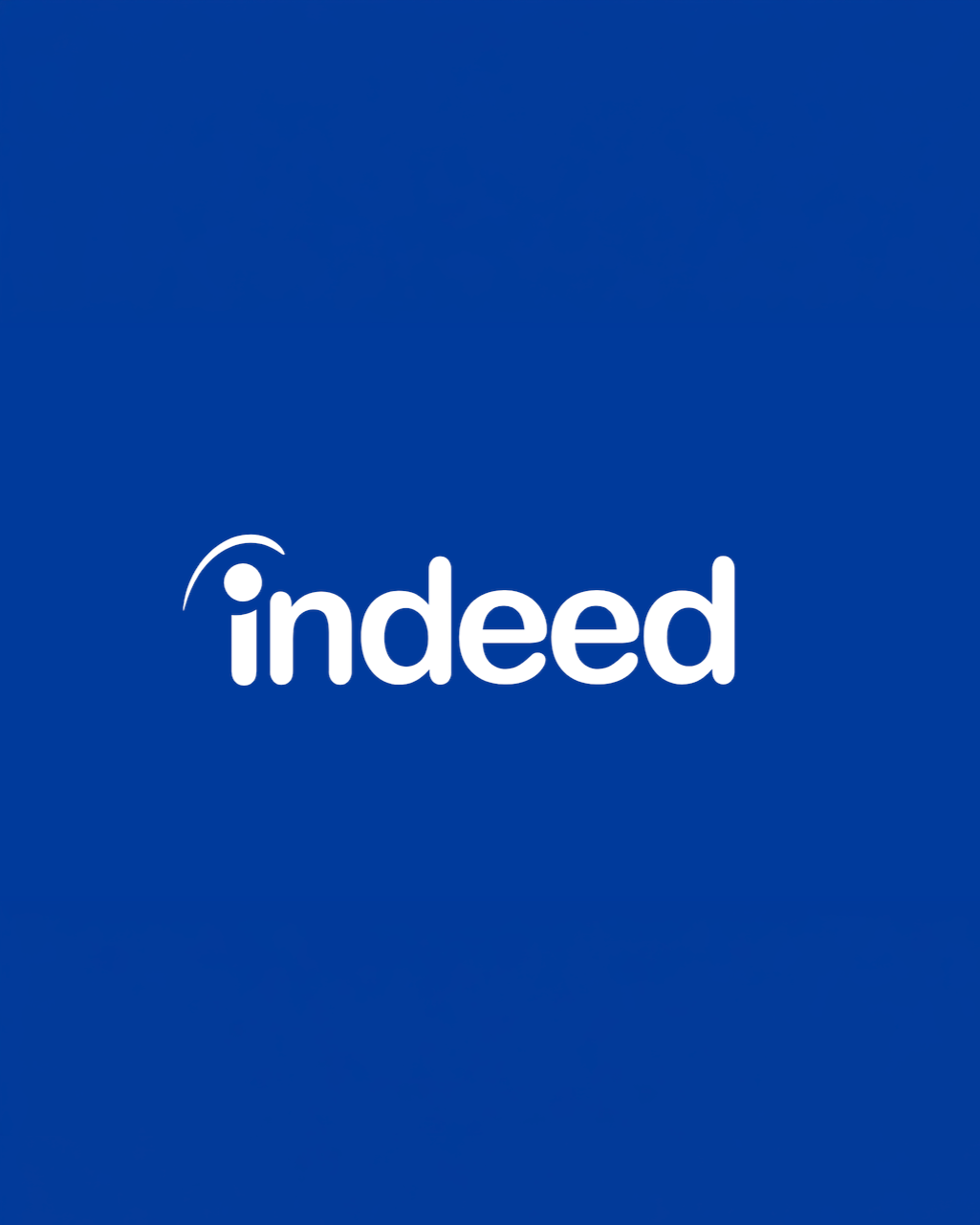 Blue background with the white 'Indeed' logo and a curved swoosh above the letter 'i'.