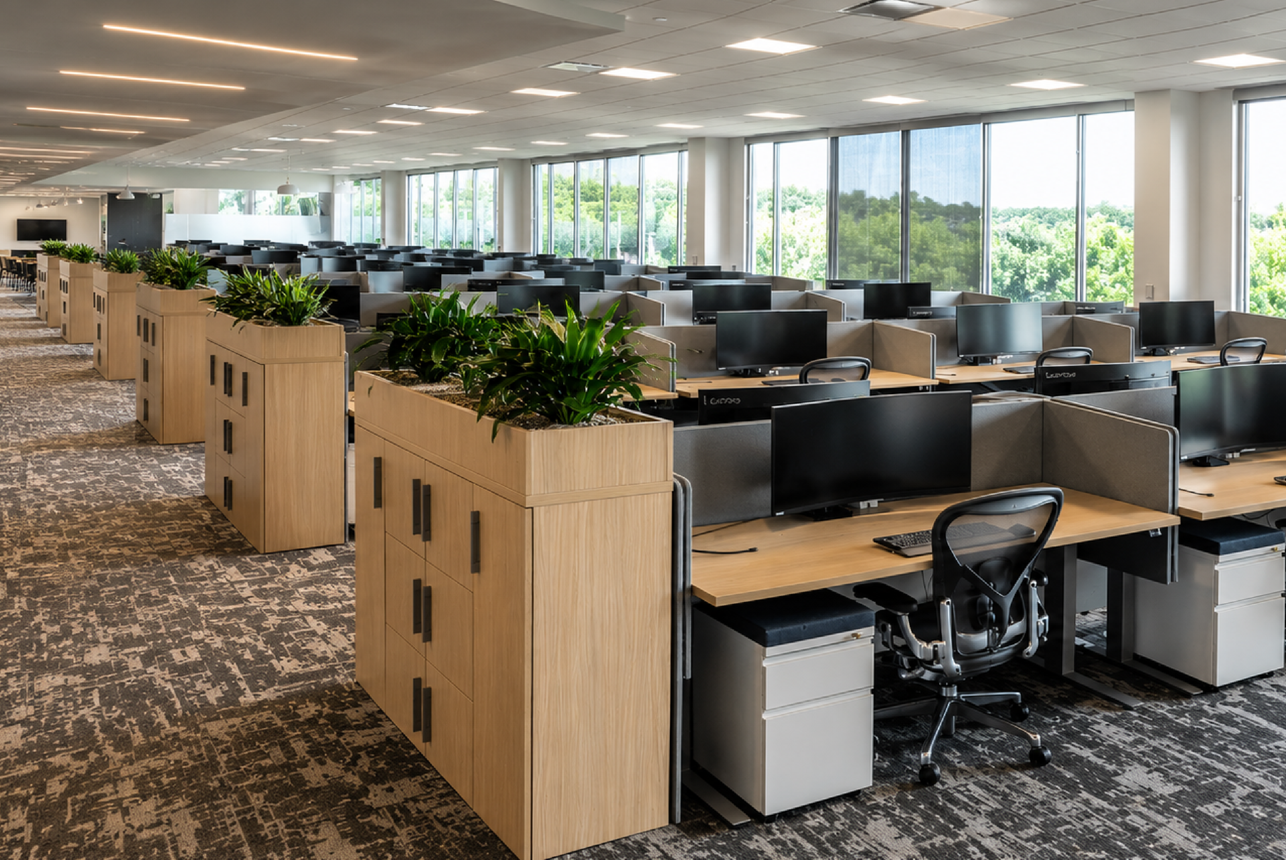 Modern office interior desks, wooden wall panels, black chairs..