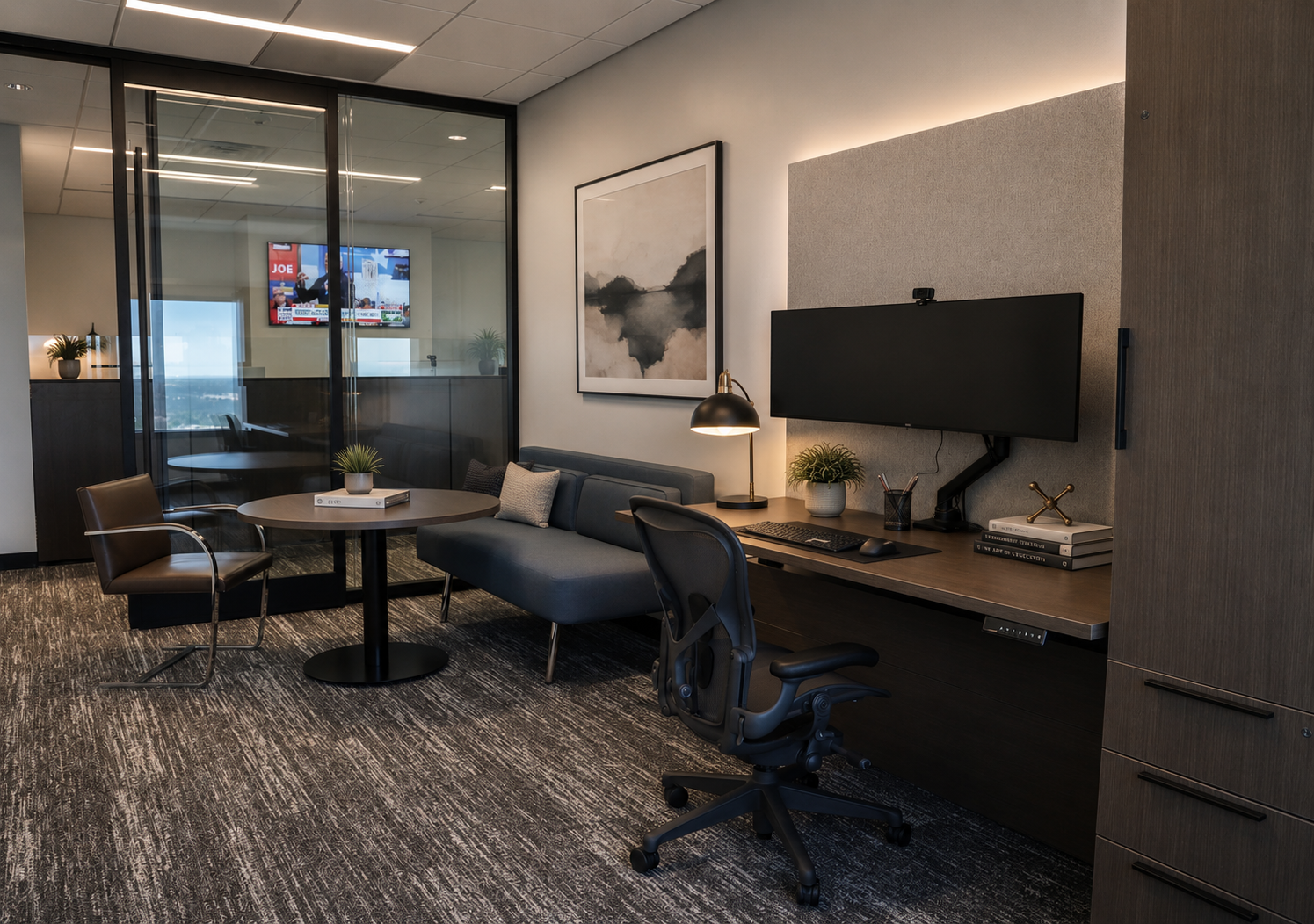 Small office with apron chair, HAT, and side table and seating