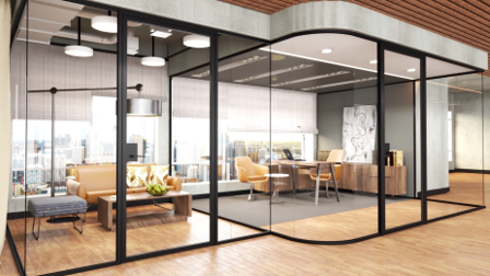 Modern office with glass walls, wooden accents, and contemporary furniture including sofas, chairs, and a desk.